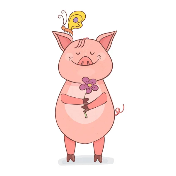 Смішний Свинячий символ 2019 року. Свинка стоїть і тримає квітку в руках — стоковий вектор