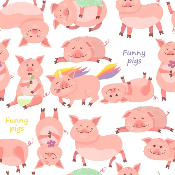 无缝模式与有趣的小猪符号2019新年。小猪笑, 坐, 躺, 吃粥, 睡觉, 猪独角兽. — 图库矢量图片