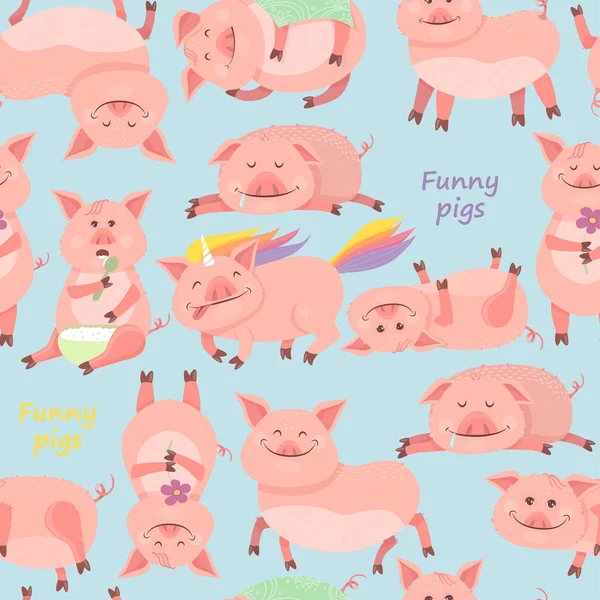 Patrón sin costuras con símbolo Funny Piggy 2019 año nuevo. Cerdito sonríe, se sienta, miente, come gachas, duerme, cerdo unicornio . — Vector de stock