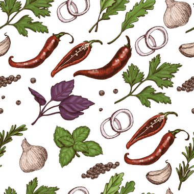 Farklı renk baharat ve otlar kroki tarzı ile vektör seamless modeli