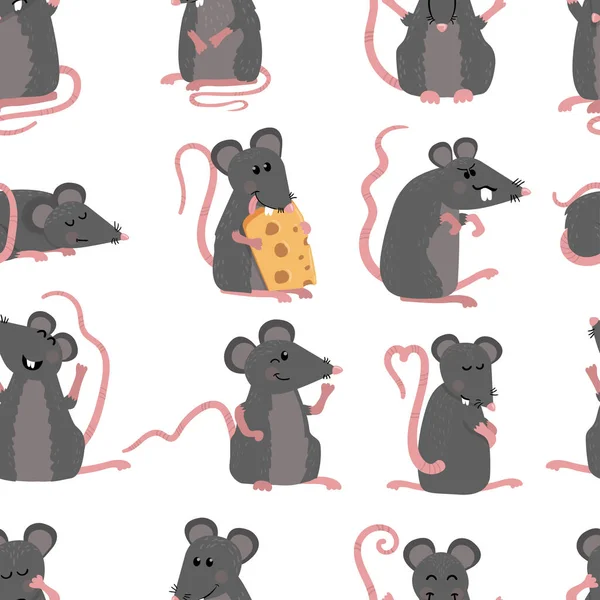 Nahtloses Muster mit niedlichen Mäusen in verschiedenen Posen im Cartoon-Stil — Stockvektor