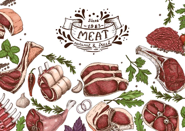 Horizontaler Hintergrund Mit Verschiedenfarbigem Fleisch Skizzenstil Vektor Illustration Für Ihr — Stockvektor