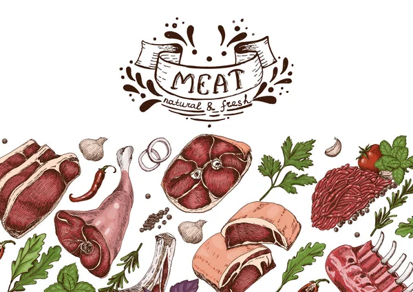 スケッチ スタイルの異なる色の肉と水平の背景 あなたのデザインのベクトル図 — ストックベクタ