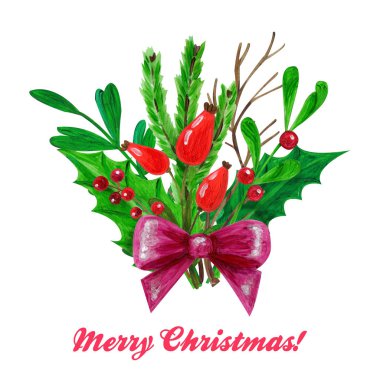 Yaprak, çiçek, dal ve çilek akrilik tekniğinde Noel buket. Gösterim amacıyla tasarım