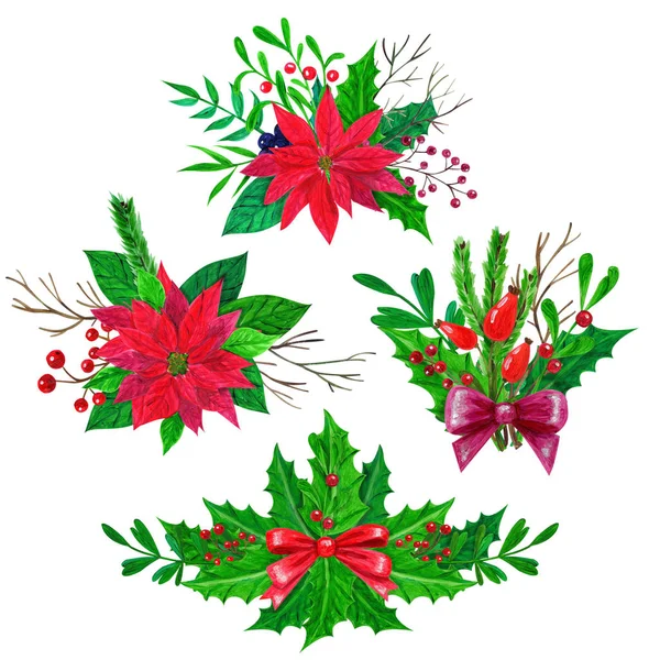 Set Von Weihnachtssträußen Aus Blättern Blumen Zweigen Und Beeren Acryl — Stockfoto
