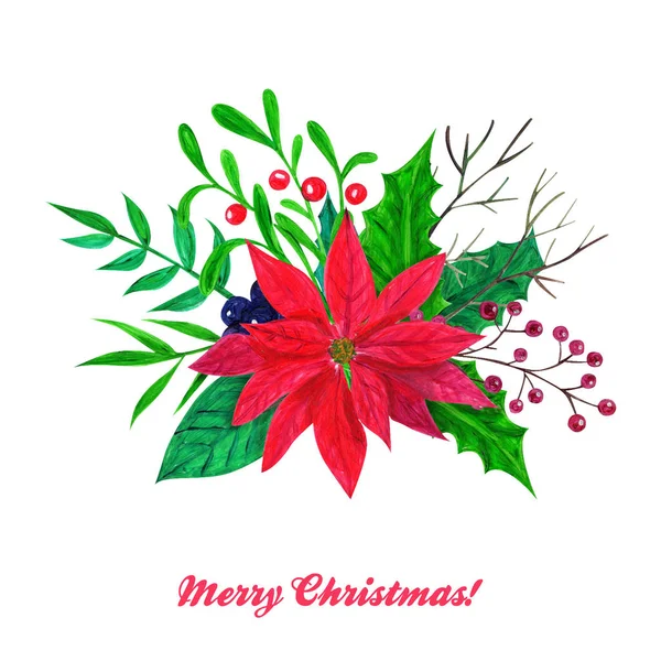 Weihnachtsstrauß Aus Blättern Blumen Zweigen Und Beeren Acryltechnik Illustration Für — Stockfoto