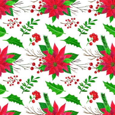 Noel çiçekler, yapraklar, guaj tekniğinde şube ile Seamless modeli