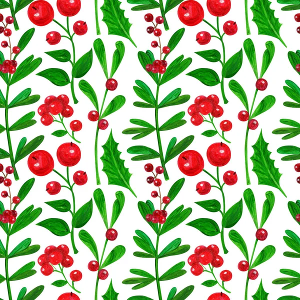 Naadloze patroon met kerst bloemen, bladeren, takjes in de techniek van gouache — Stockfoto