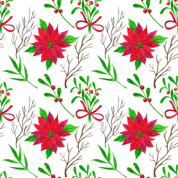 Nahtloses Muster mit Weihnachtsblumen, Blättern, Zweigen in der Technik der Gouache — Stockfoto