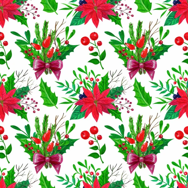 Vzor bezešvé s vánoční květy, listy, větvičky v technice kvaše. Ilustrace pro návrh — Stock fotografie