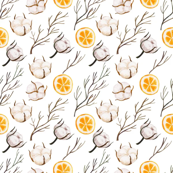 Motif sans couture avec coton, orange et branches dans la technique de la gouache — Photo