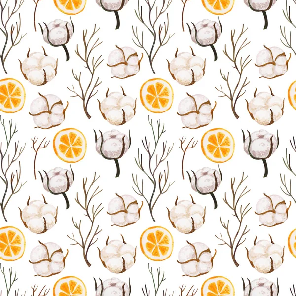 Naadloze patroon met katoen, sinaasappel en branchs in de techniek van gouache — Stockfoto