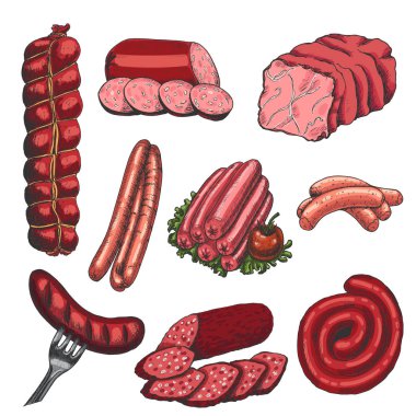Vektör kümesi farklı et ürünleri kroki tarzı. Sosis, jambon, pastırma, domuz yağı. Vektör çizim tasarımınız için