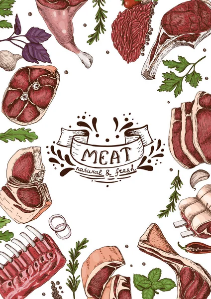 Különböző Színű Húsok Vázlat Stílusú Függőleges Háttér Design Vektor Illusztráció — Stock Vector