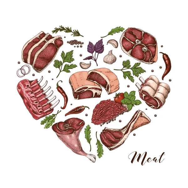 Geïsoleerde Vlees Hart Met Verschillende Kleur Vlees Schets Stijl Vectorillustratie — Stockvector