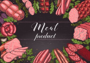 Farklı renk et ürünleri kroki tarzı ile yatay arka plan. Sosis, jambon, pastırma, domuz yağı, salam. Vektör çizim tasarımınız için