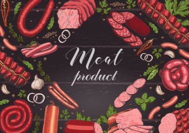 Farklı renk et ürünleri kroki tarzı ile yatay arka plan. Sosis, jambon, pastırma, domuz yağı, salam. Vektör çizim tasarımınız için