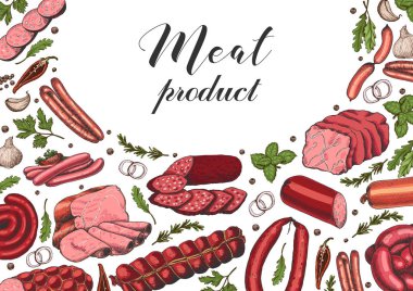 Farklı renk et ürünleri kroki tarzı ile yatay arka plan. Sosis, jambon, pastırma, domuz yağı, salam. Vektör çizim tasarımınız için