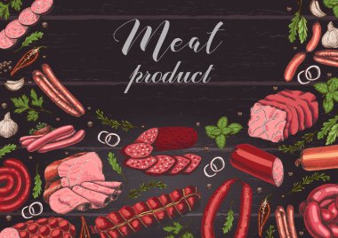 Farklı renk et ürünleri kroki tarzı ile yatay arka plan. Sosis, jambon, pastırma, domuz yağı, salam. Vektör çizim tasarımınız için