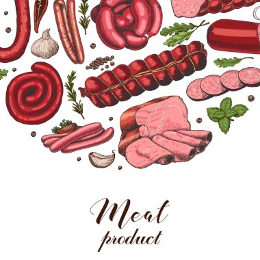 Farklı renk et ürünleri kroki tarzı ile vektör arka plan. Sosis, jambon, pastırma, domuz yağı, salam. Vektör çizim tasarımınız için