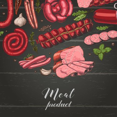 Farklı renk et ürünleri kroki tarzı ile vektör arka plan. Sosis, jambon, pastırma, domuz yağı, salam. Vektör çizim tasarımınız için