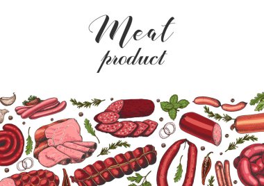 Farklı renk et ürünleri kroki tarzı ile yatay arka plan. Sosis, jambon, pastırma, domuz yağı, salam. Vektör çizim tasarımınız için