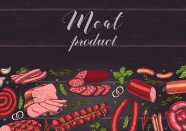 Farklı renk et ürünleri kroki tarzı ile yatay arka plan. Sosis, jambon, pastırma, domuz yağı, salam. Vektör çizim tasarımınız için