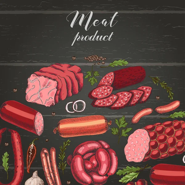 Vektorbakgrund Med Olika Färg Köttprodukter Skiss Stil Korv Skinka Bacon — Stock vektor