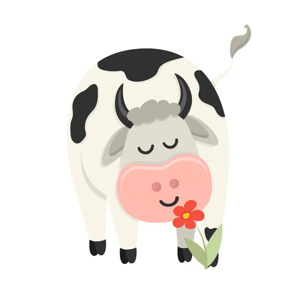Linda Vaca Huele Una Flor Conjunto Lindo Personaje Vacas Varias — Vector de stock