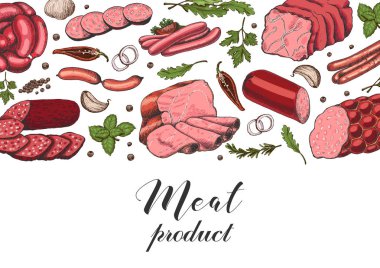 Farklı renk et ürünleri kroki tarzı ile yatay arka plan. Sosis, jambon, pastırma, domuz yağı, salam