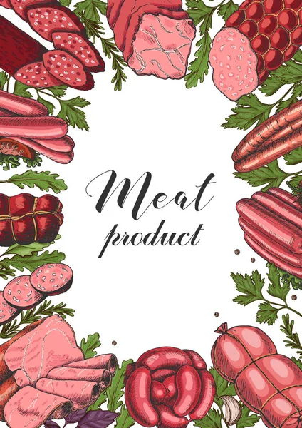 Horisontella bakgrund med olika färg köttprodukter i skiss stil. Korv, skinka, bacon, ister, salami — Stock vektor