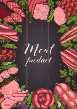 Farklı renk et ürünleri kroki tarzı ile yatay arka plan. Sosis, jambon, pastırma, domuz yağı, salam