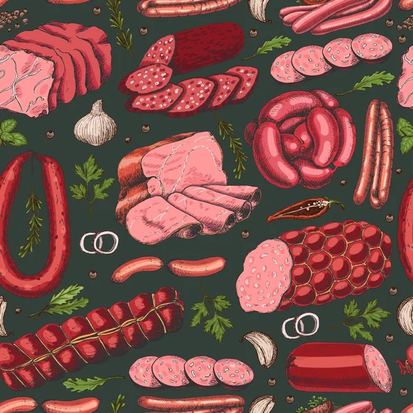Patrón sin costura vectorial con diferentes productos cárnicos de color en estilo de boceto. Embutidos, jamón, tocino, manteca de cerdo, salami — Vector de stock