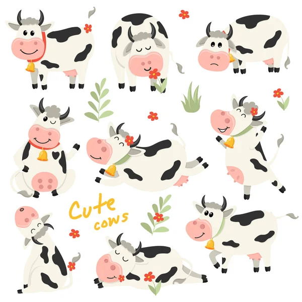 Набор милых коров персонаж в различных положениях — стоковый вектор