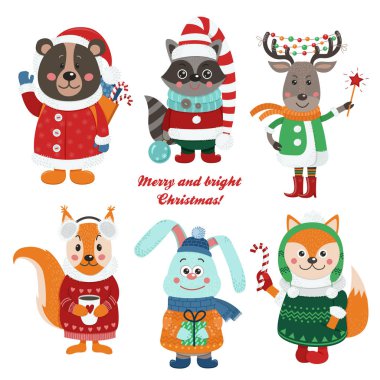 Noel Kış elbiseleri giymiş izole şirin orman hayvanları ile ayarlayın. Vektör çizim tasarımınız için