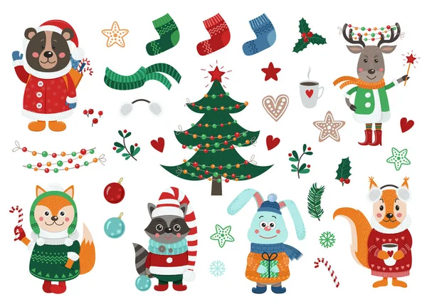 Gran Conjunto Navidad Con Animales Del Bosque Lindos Aislados Vestidos — Archivo Imágenes Vectoriales