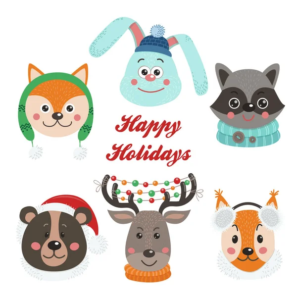 Set Navideño Con Animales Aislados Ilustración Vectorial Para Diseño — Archivo Imágenes Vectoriales