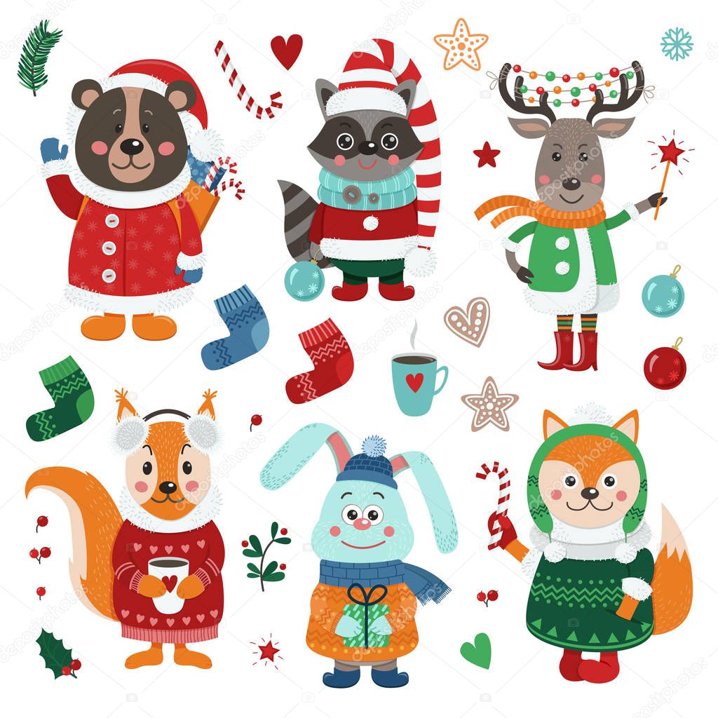 Christmas set with isolated cute forest animals dressed in winter clothes. Vector illustration for your design