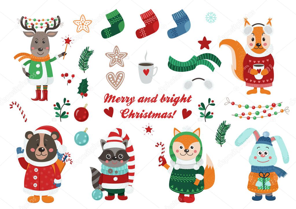 Big Christmas set with isolated cute forest animals dressed in winter clothes and christmas items. Vector illustration for your design