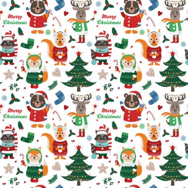 Orman hayvanları ve beyaz arka plan üzerinde Noel öğeleri ile Seamless modeli