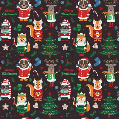 Orman hayvanları ve siyah arka plan üzerinde Noel öğeleri ile Seamless modeli