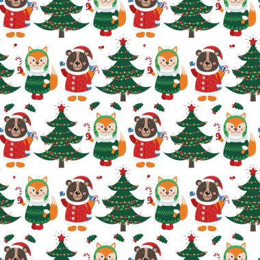 Orman hayvanları ve Noel öğeleri ile Seamless modeli