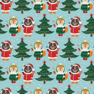 Orman hayvanları ve Noel öğeleri ile Seamless modeli