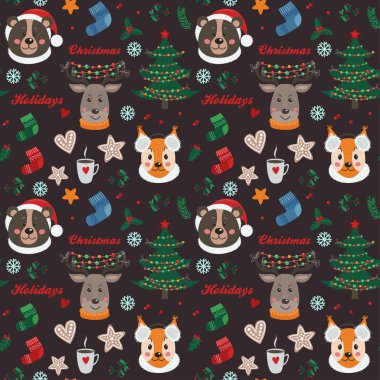 Orman hayvanları ve Noel öğeleri ile Seamless modeli