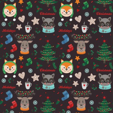 Orman hayvanları ve Noel öğeleri ile Seamless modeli