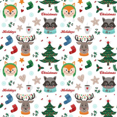 Orman hayvanları ve Noel öğeleri ile Seamless modeli