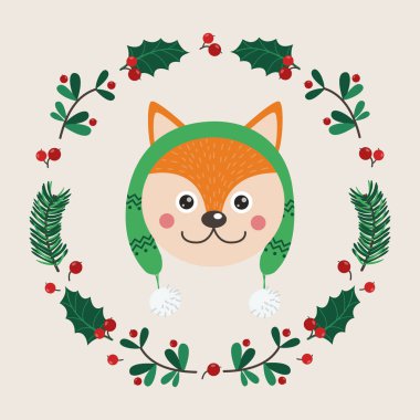 Şirin fox yüzle bir çelenk yapraklar ve dallar