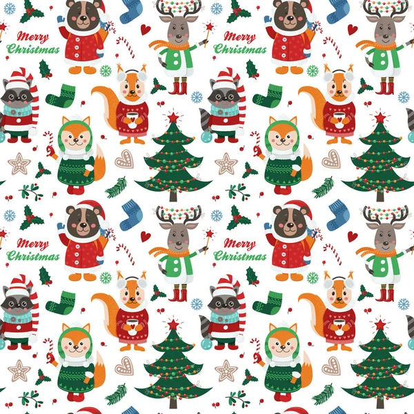 Nahtloses Muster mit Waldtieren und Weihnachtsartikeln auf weißem Hintergrund — Stockvektor