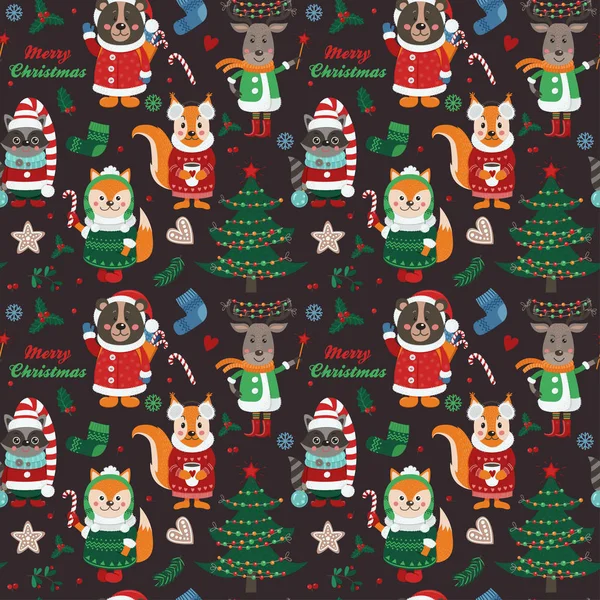 Seamless mönster med skogens djur och julartiklar på svart bakgrund — Stock vektor
