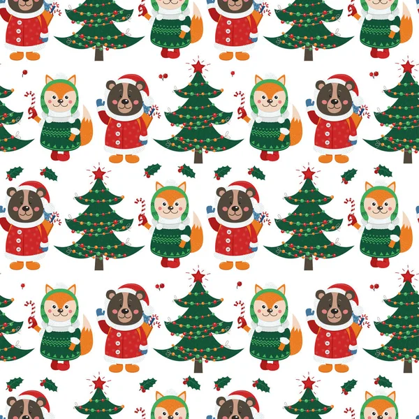 Nahtloses Muster mit Waldtieren und Weihnachtsartikeln — Stockvektor